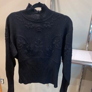 Womens Nils Black Wool Sweater Ruffle Neck Embroidered Large